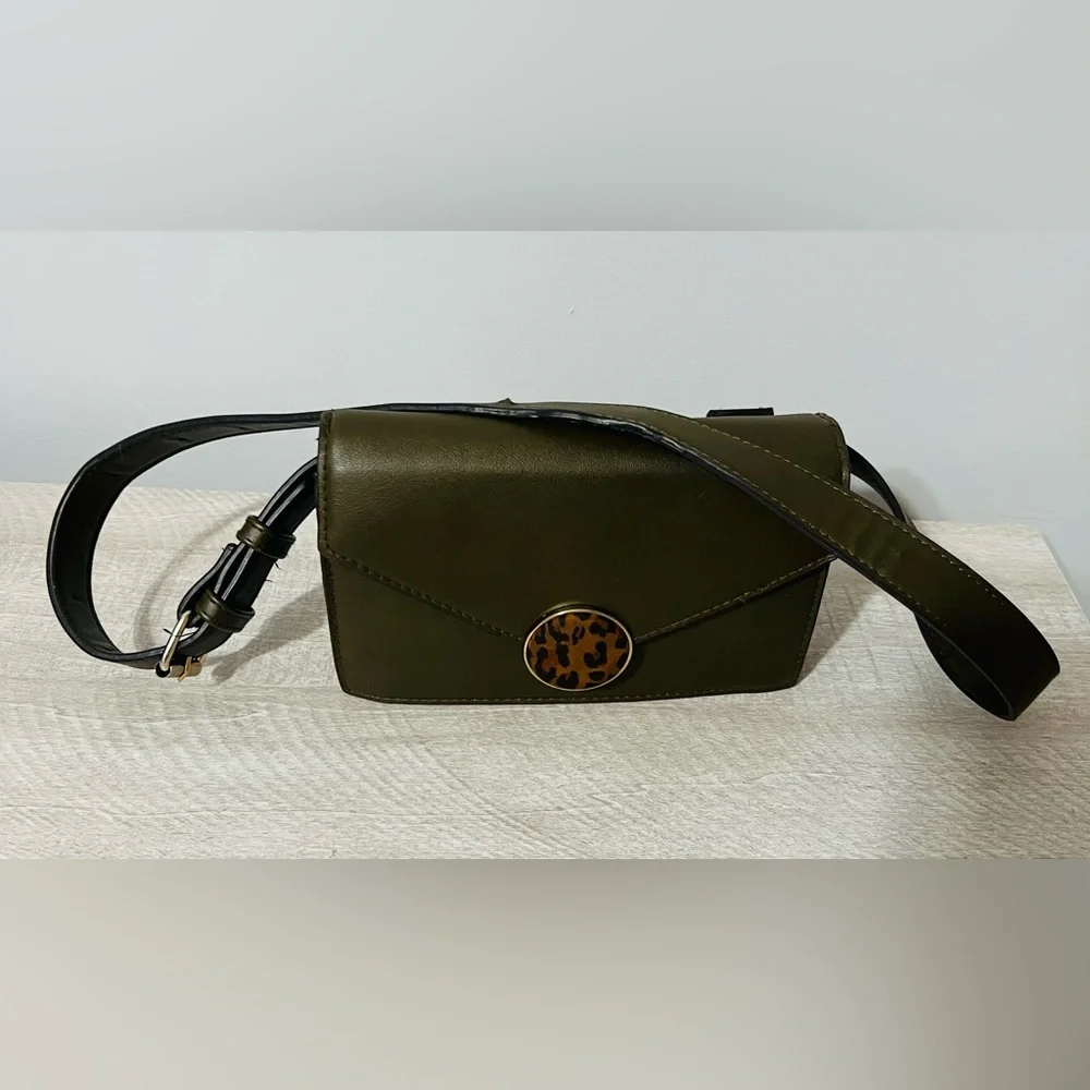 Vintage Bershka Shoulder Bag – Olive Green with Leopard Print Accent